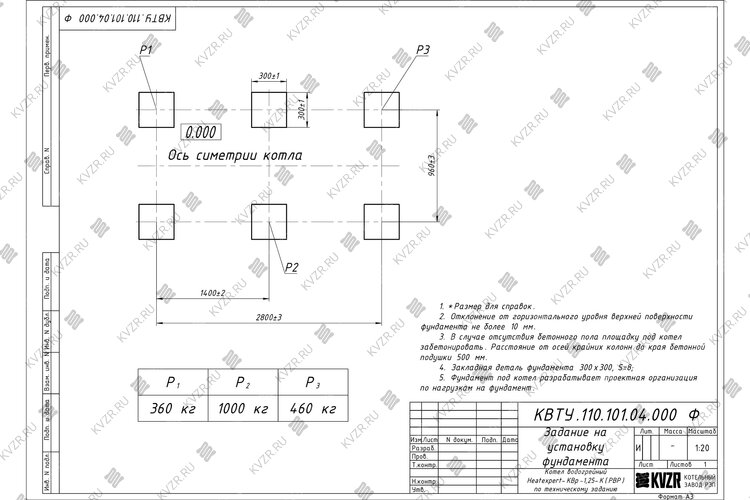 Чертеж фундамента котла КВр 1.28 с ОУР