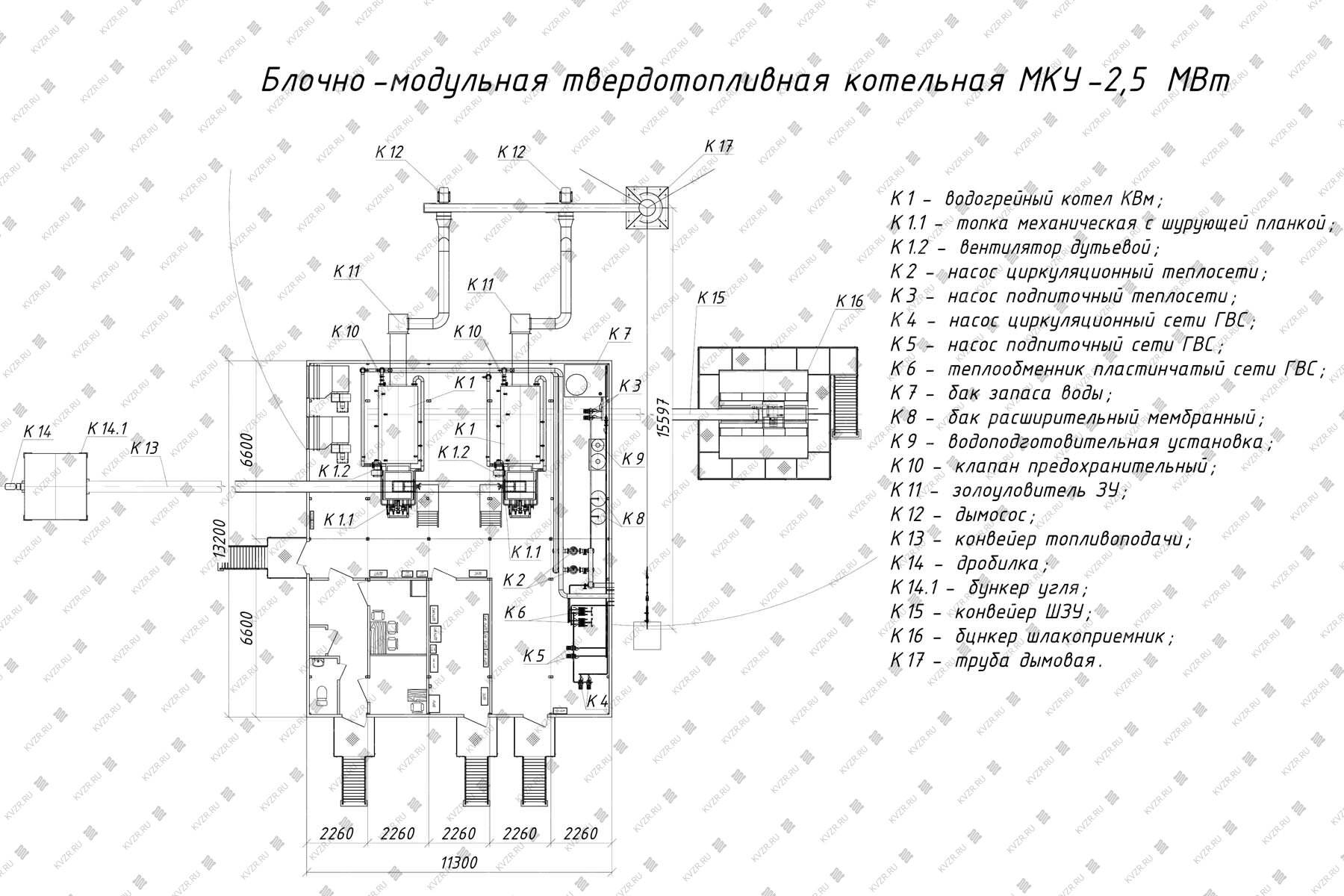 Чертеж модульной котельной 2.2 МВт с 2 котлами с ГВС